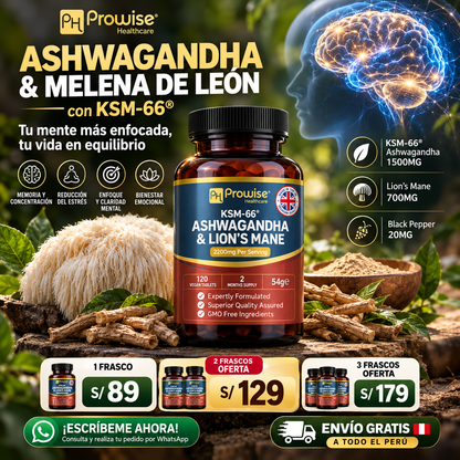 KSM 66 ASHWAGANDHA CON MELENA DE LEON 2200MG 120 TABLETAS