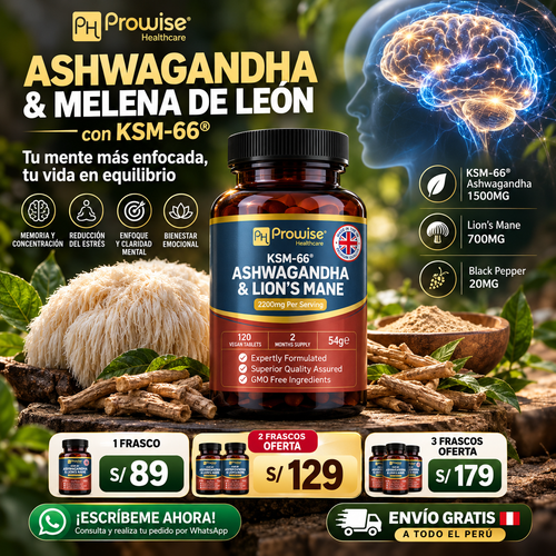 KSM 66 ASHWAGANDHA CON MELENA DE LEON 2200MG 120 TABLETAS