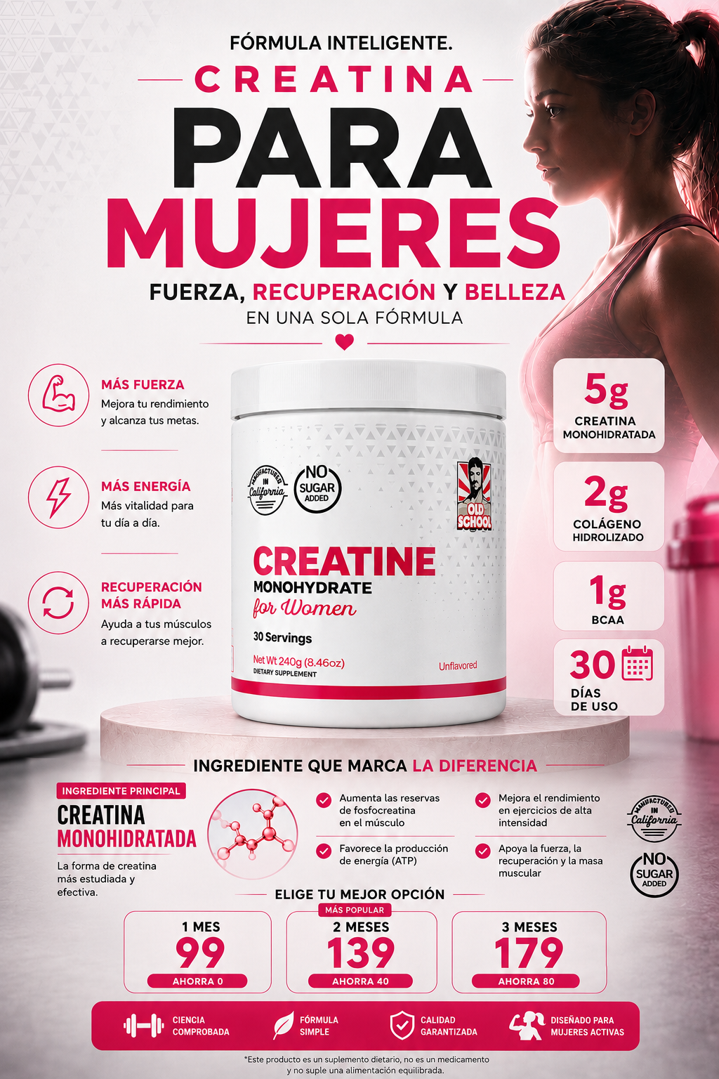 Creatina Monohidratada para Mujeres + Colágeno Hidrolizado Fuerza, Tonificación y Recuperación en 30 Días