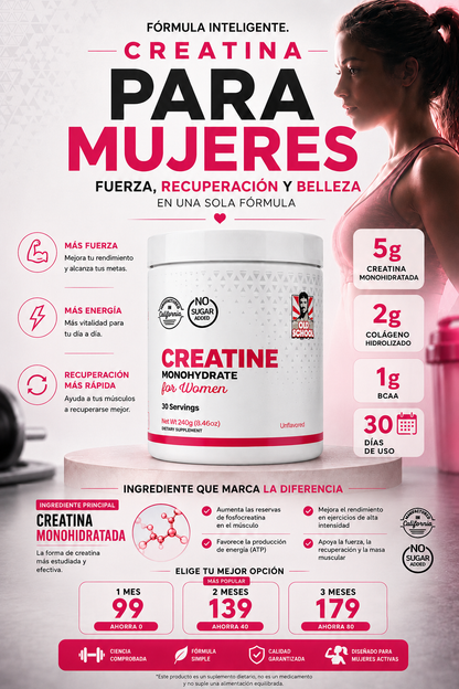 Creatina Monohidratada para Mujeres + Colágeno Hidrolizado Fuerza, Tonificación y Recuperación en 30 Días