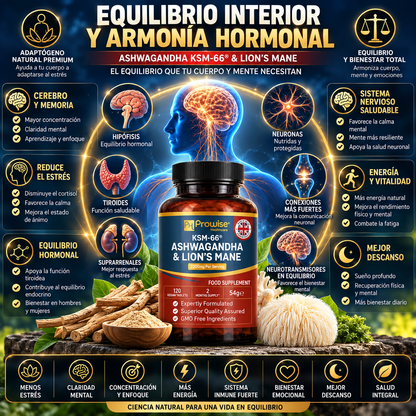 KSM 66 ASHWAGANDHA CON MELENA DE LEON 2200MG 120 TABLETAS