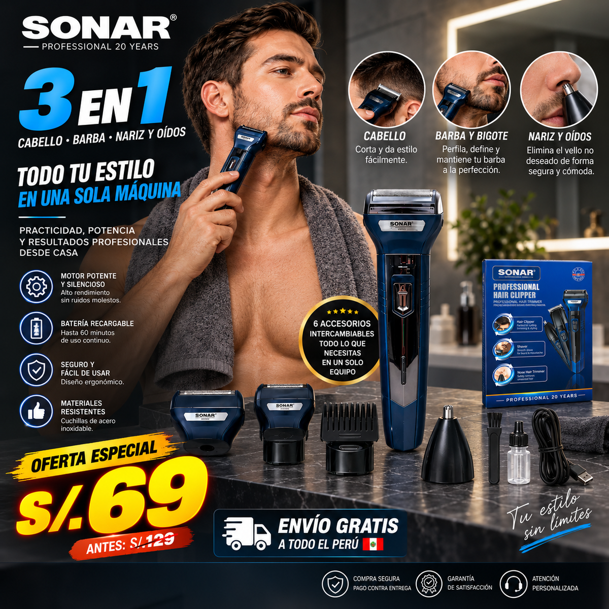 Afeitadora y Cortadora de Cabello SONAR 3 en 1 - PRO