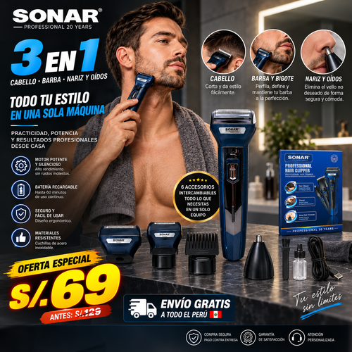 Afeitadora y Cortadora de Cabello SONAR 3 en 1 - PRO